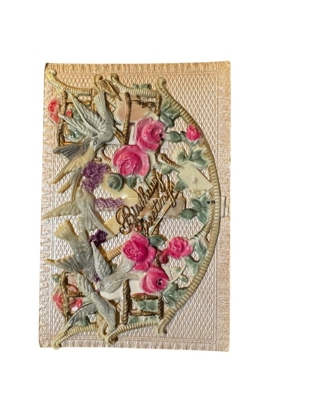 Antique 1914 German Embossed Pop-Up Birthday Greeting Card With Birds & Roses